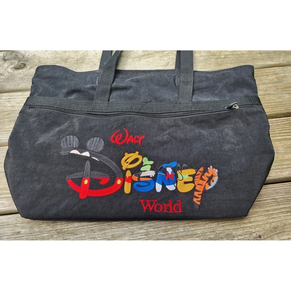 Vintage Walt Disney World‎ Tote Bag Embroidered Spell Out Black Zippered Nylon